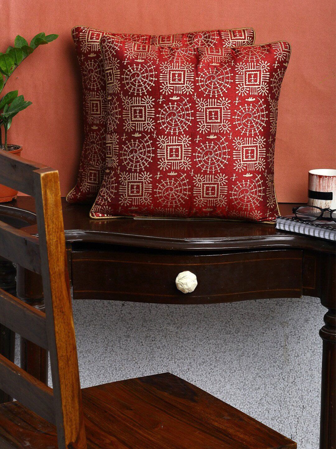 HOSTA HOMES Maroon & Gold-Toned Set of 2 Ethnic Motifs Square Cushion Covers Price in India