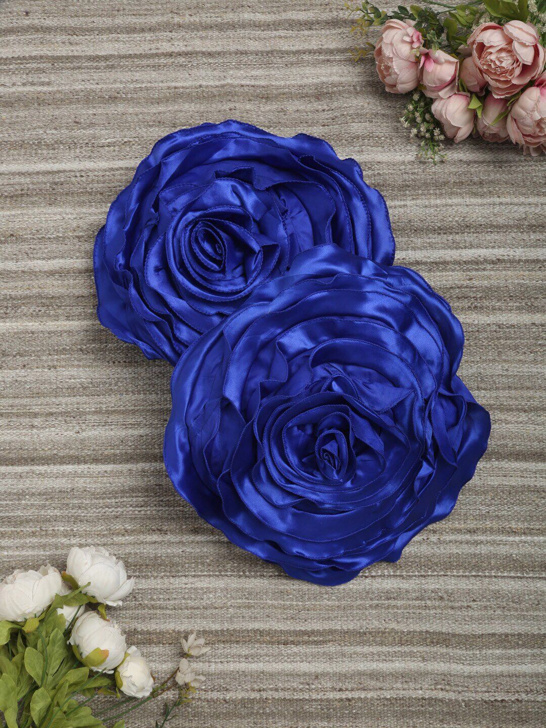 HOSTA HOMES Blue Set of 2 Round Rose Flower Design Satin Cushion Covers Price in India