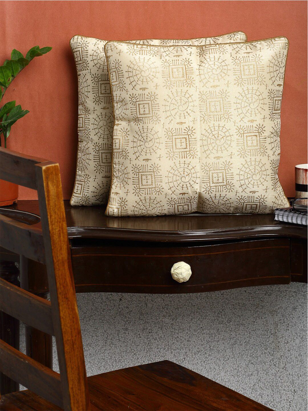 HOSTA HOMES Cream-Coloured & Gold-Toned Set of 2 Ethnic Motifs Square Cushion Covers Price in India