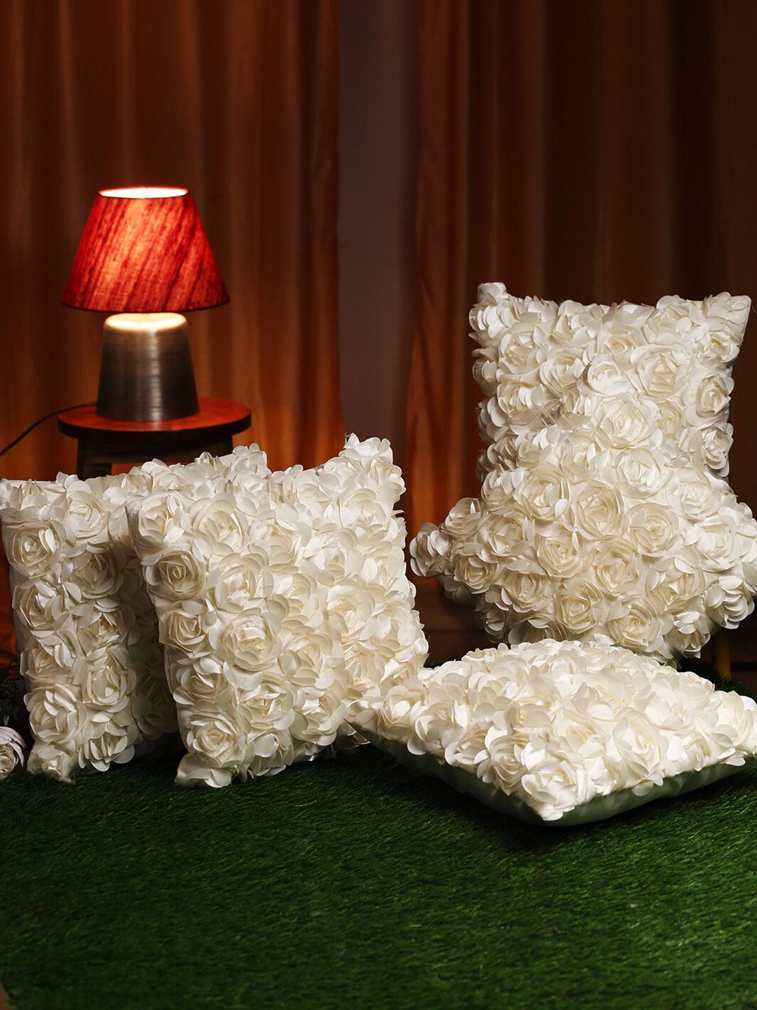 HOSTA HOMES Cream-Coloured Set of 5 Embellished Square Cushion Covers Price in India