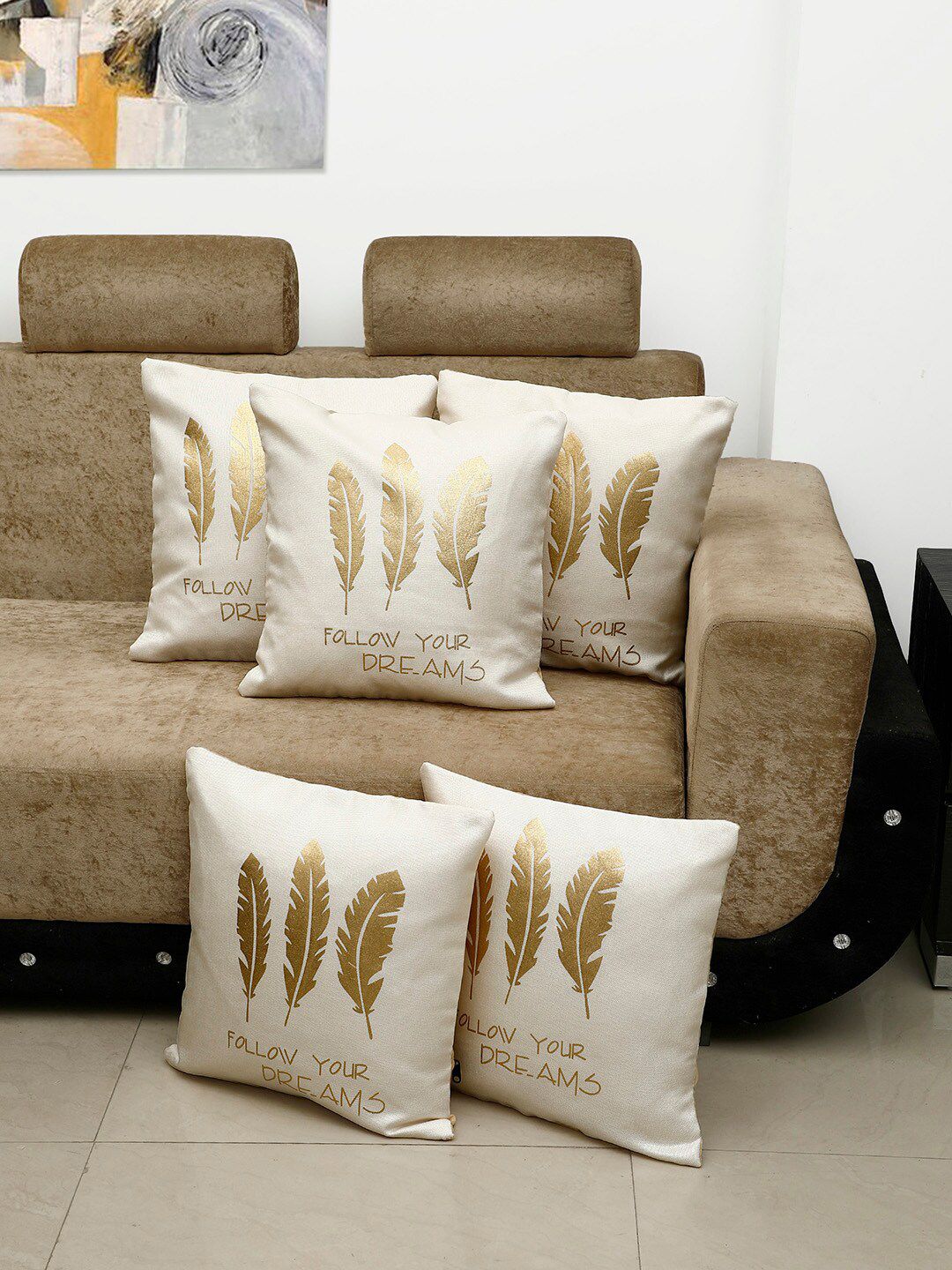 HOSTA HOMES Cream & Gold-Toned Set Of 5 Foil Printed Square Cushion Covers Price in India