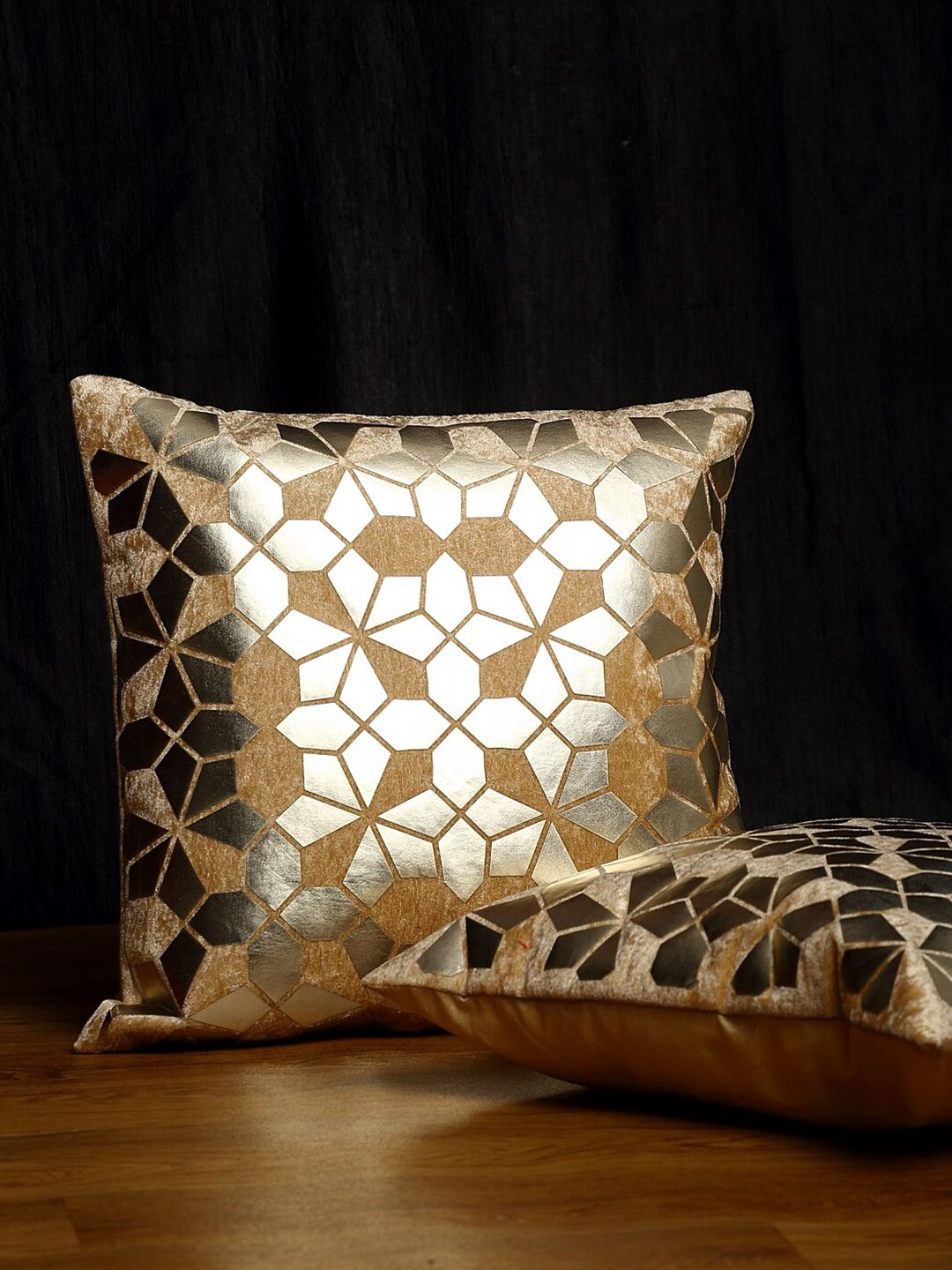 HOSTA HOMES Cream & Gold-Toned Geometric Design Set of 2 Velvet Square Cushion Covers Price in India