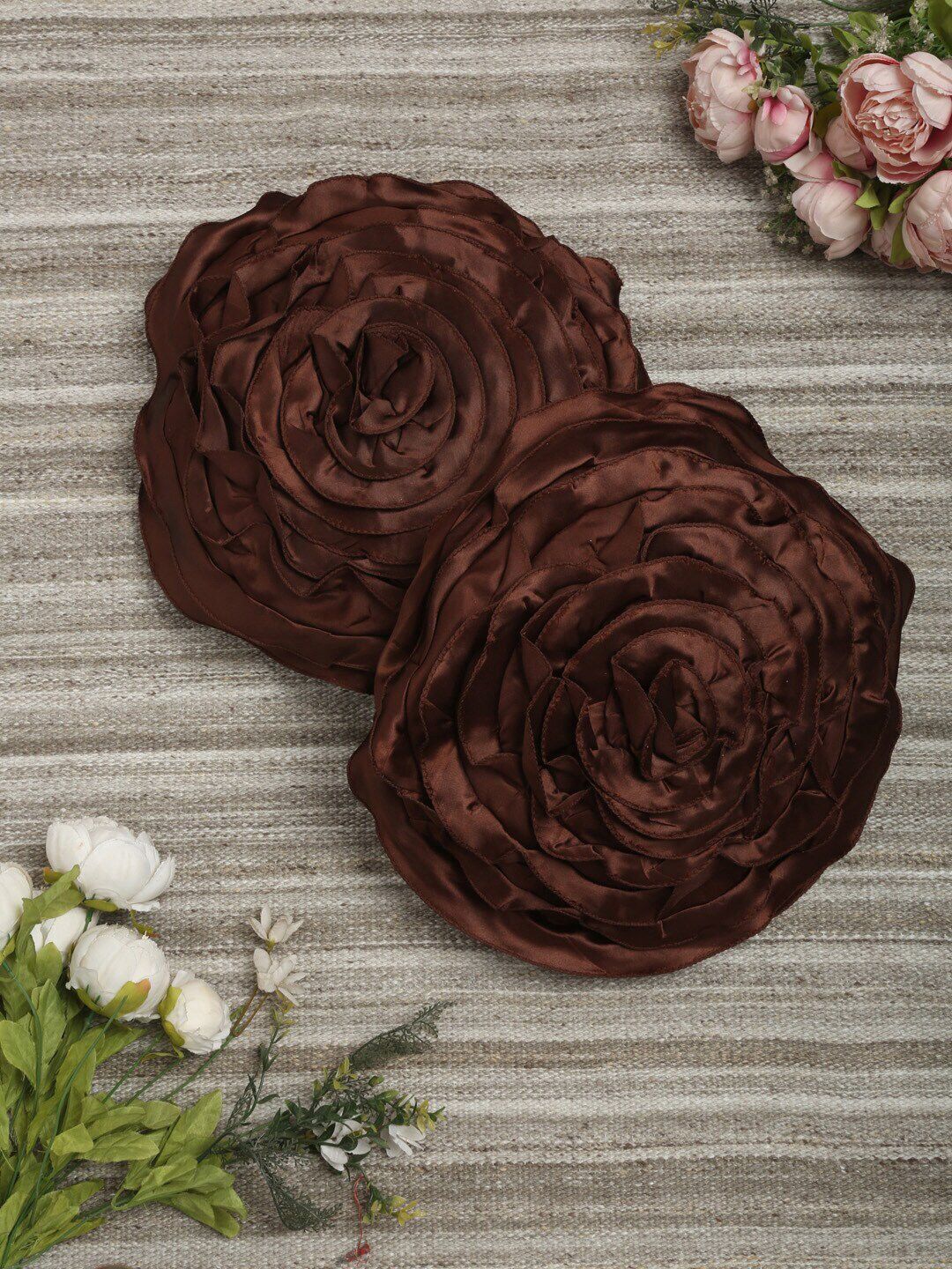 HOSTA HOMES Brown Set of 2 Floral Satin Round Cushion Covers Price in India