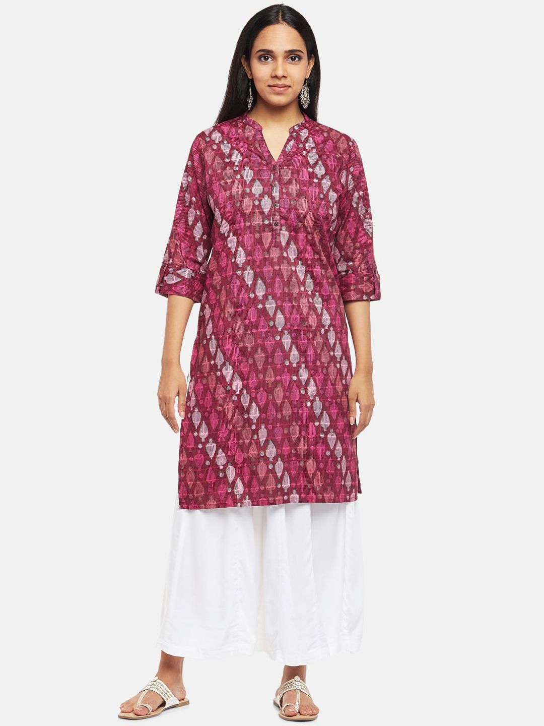 RANGMANCH BY PANTALOONS Women Magenta Pink Ethnic Motifs Printed Cotton Kurta Price in India