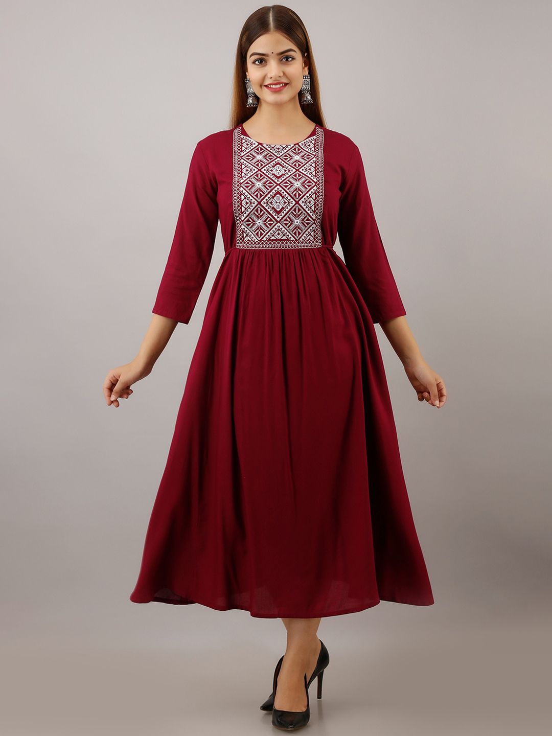 Women Touch Maroon & White Floral Embroidered Ethnic Midi Fit & Flared Dress Price in India