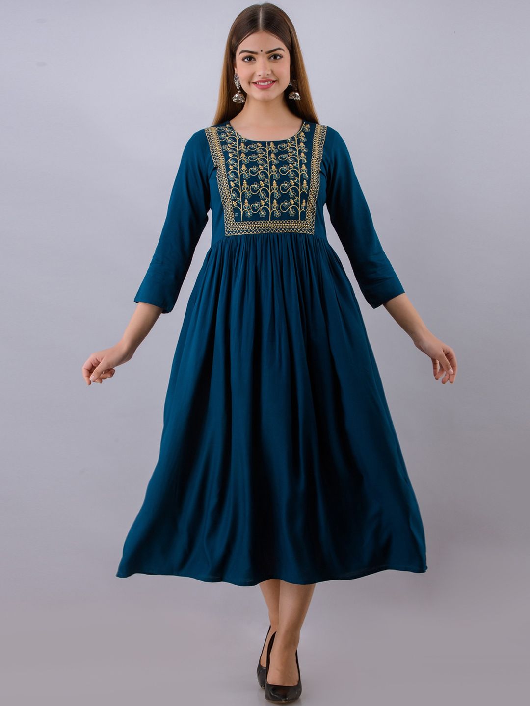 Women Touch Women Blue Ethnic Motifs Embroidered Fit & Flare Dress Price in India