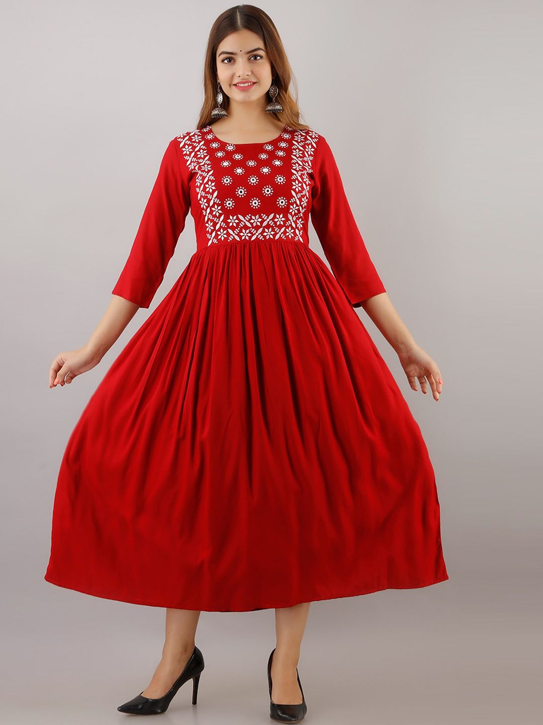 Women Touch Red & White Floral Embroidered Ethnic A-Line Midi Dress Price in India