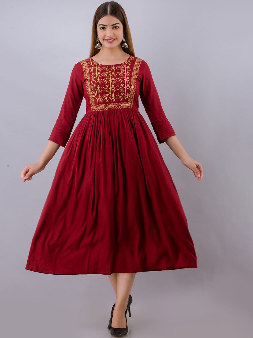 Women Touch Maroon Ethnic Motifs Embroidered Ethnic Midi Fit & Flare Dress Price in India