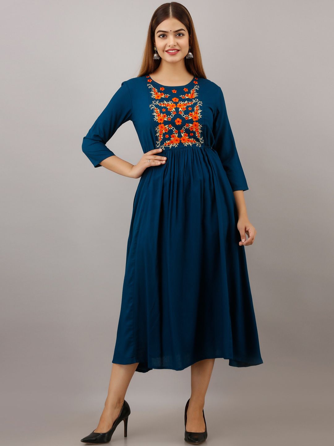 Women Touch Navy Blue & Orange Floral Embroidered Ethnic Midi Dress Price in India