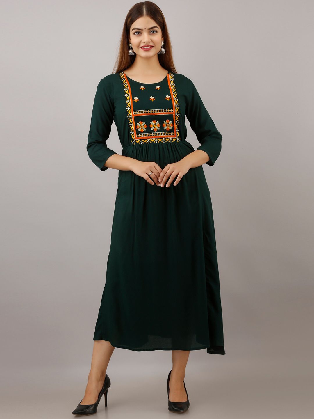 Women Touch Green & Orange Floral Embroidered A-Line Midi Dress Price in India