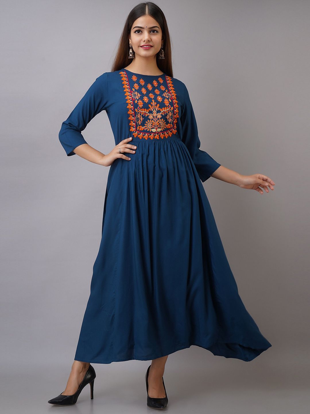 Women Touch Blue & Orange Ethnic Motifs Embroidered Ethnic Maxi Fit & Flare Dress Price in India