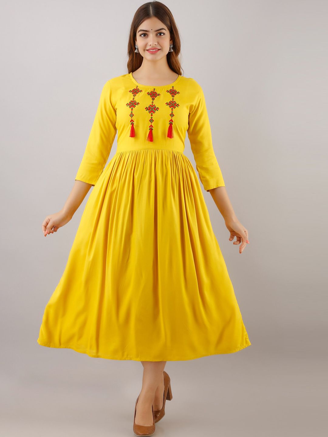 Women Touch Women Yellow Embroidered Fit & Flare Dress Price in India