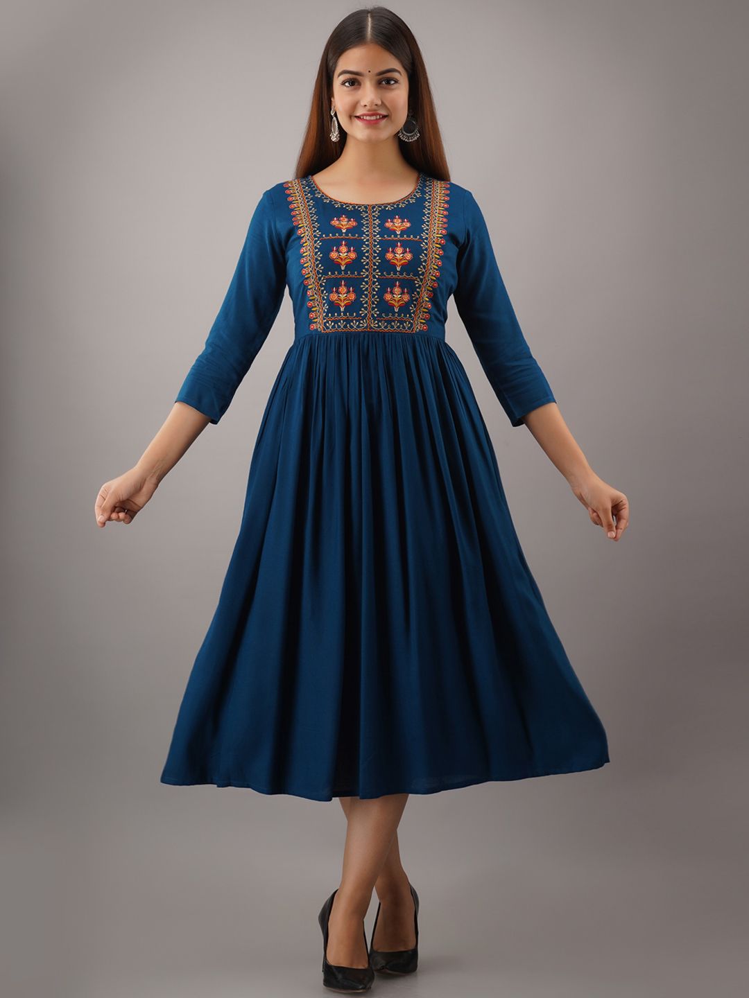 Women Touch Blue Ethnic Motifs Embroidered Ethnic Midi Fit & Flare Dress Price in India