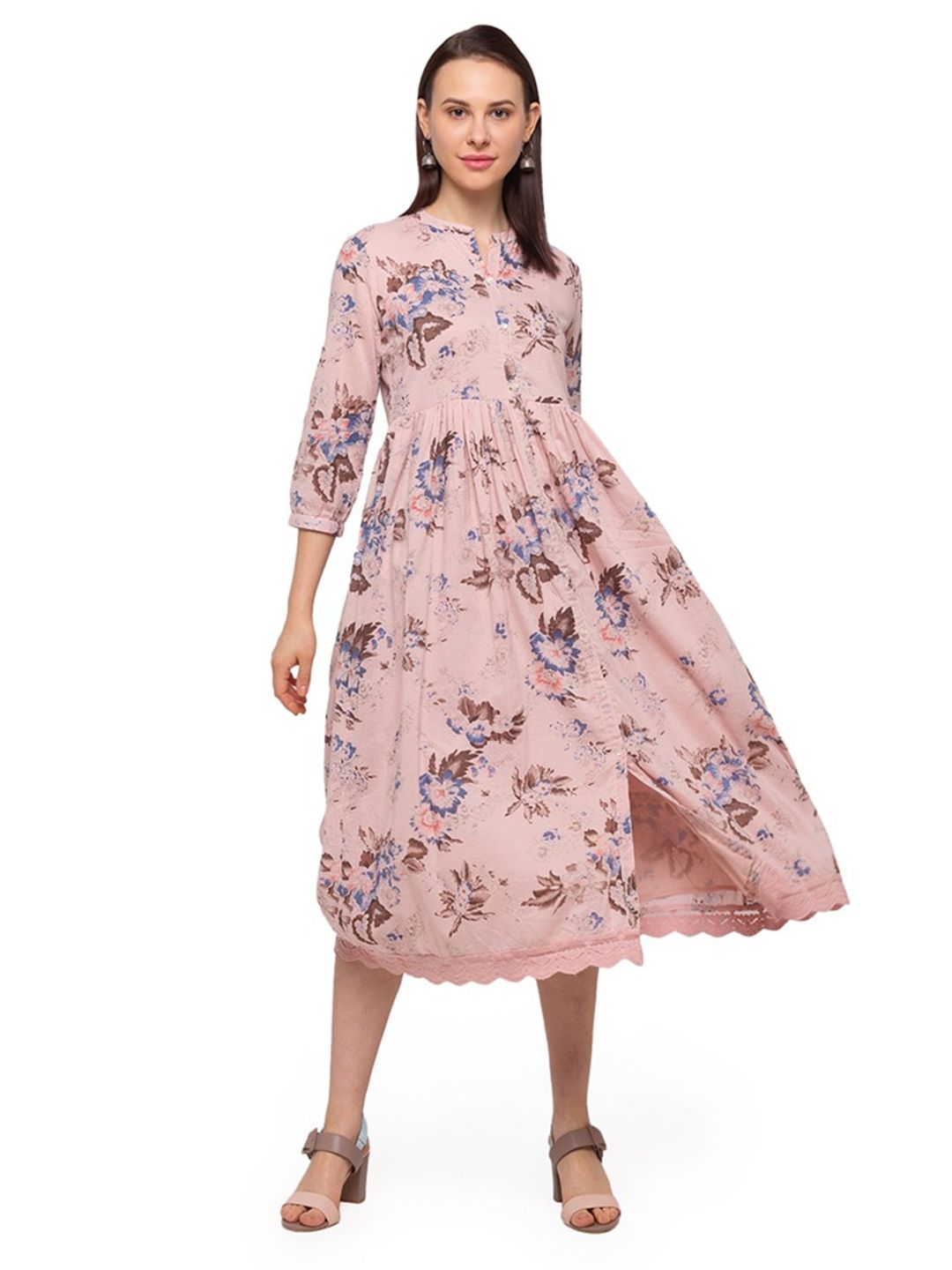 Ethnicity Pink Floral Midi Dress Price in India