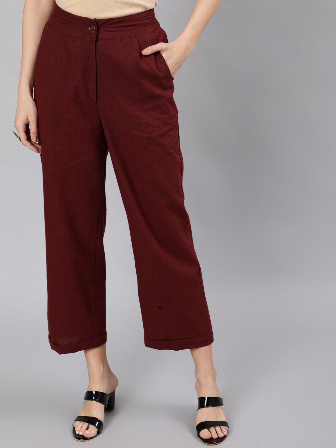 Jaipur Kurti Women Maroon Straight Fit High-Rise Pleated Trousers Price in India