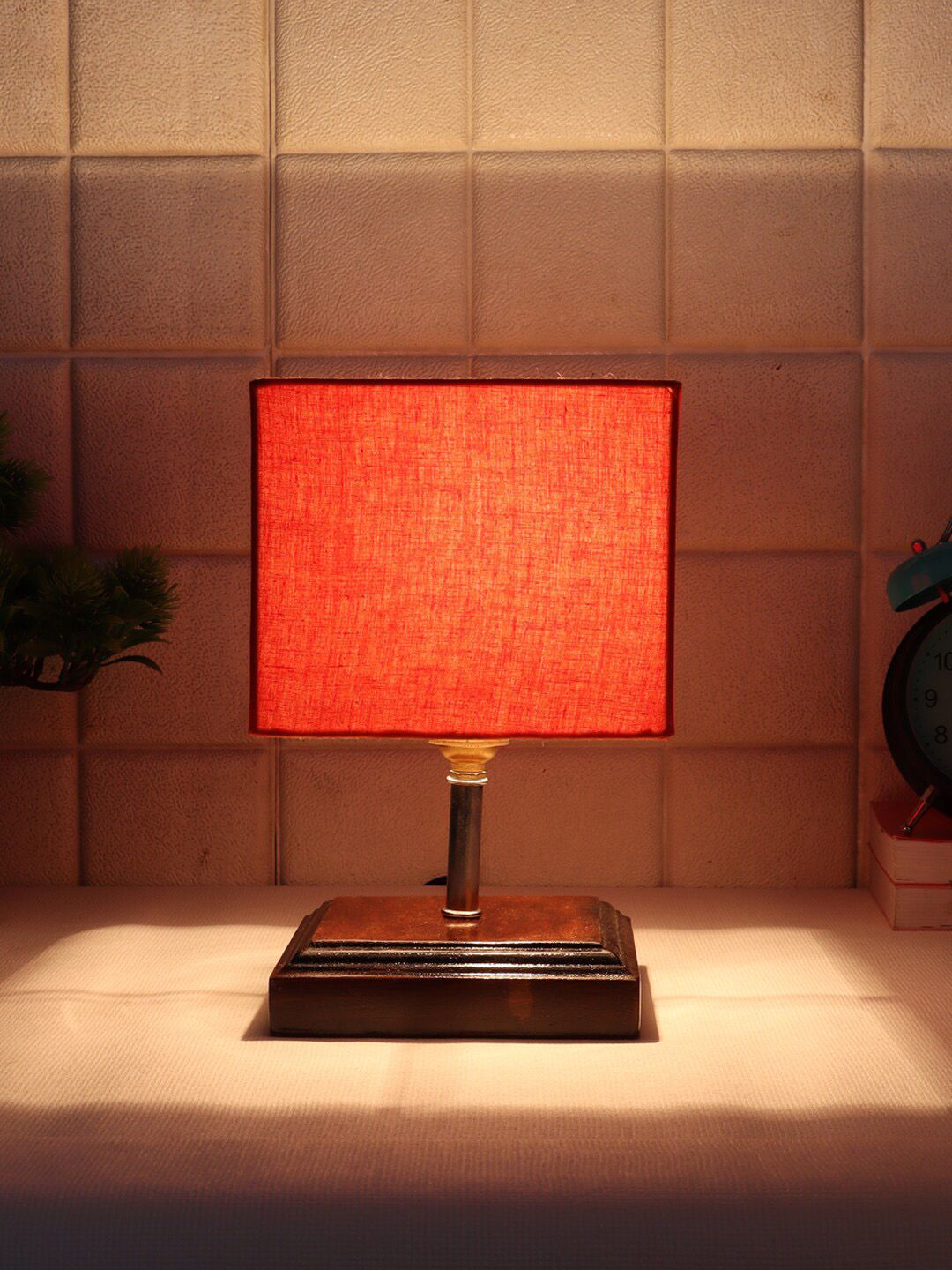 Devansh Brown & Orange Wooden Table Lamp with Cotton Square Shade Price in India