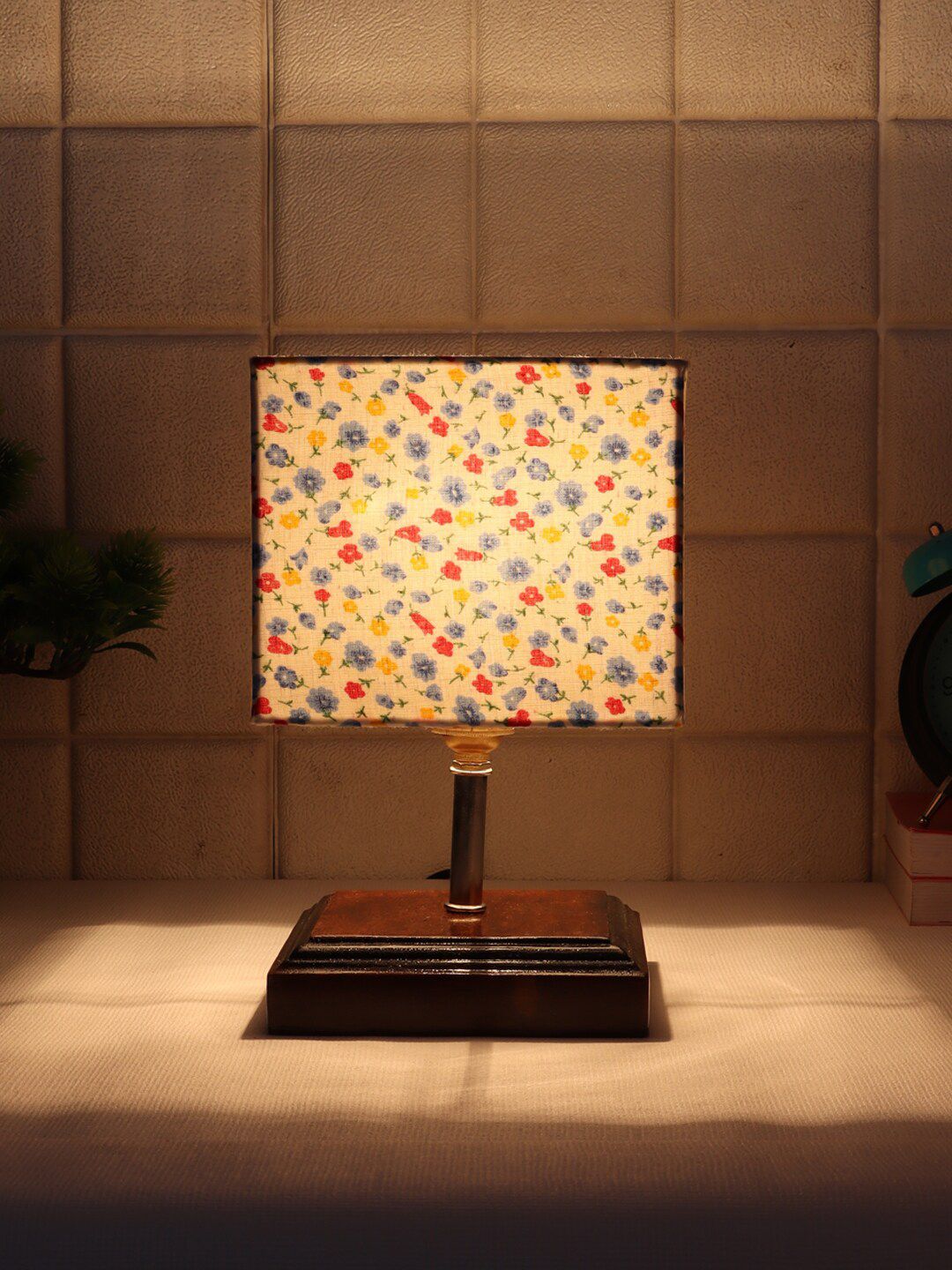 Devansh White Printed Wood Table Lamp Cotton  Shade Price in India