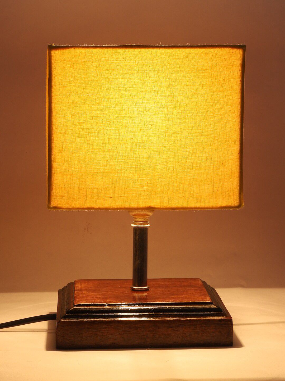 Devansh Yellow & Brown Wooden Table Lamp with Cotton Square Shade Price in India