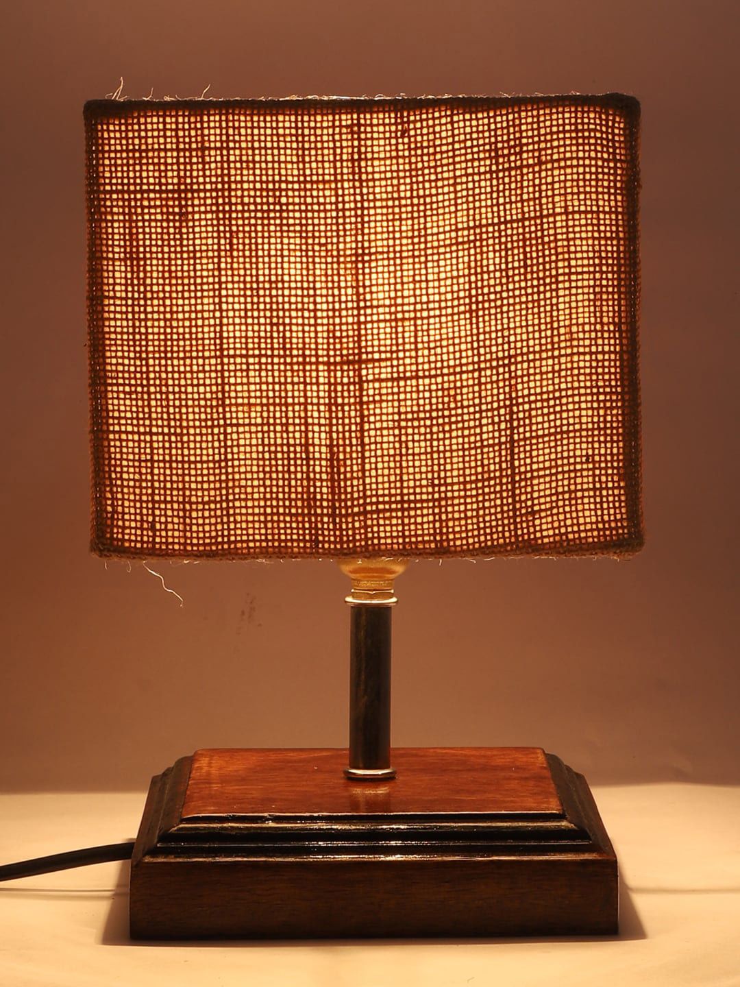 Devansh Beige & Brown Wooden Table Lamp with Jute Square Shade Price in India