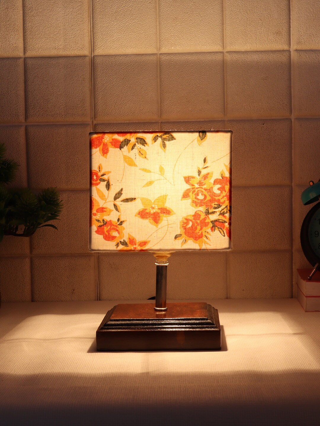 Devansh White & Orange Floral Printed Wooden Table Lamp with Cotton Square Shade Price in India