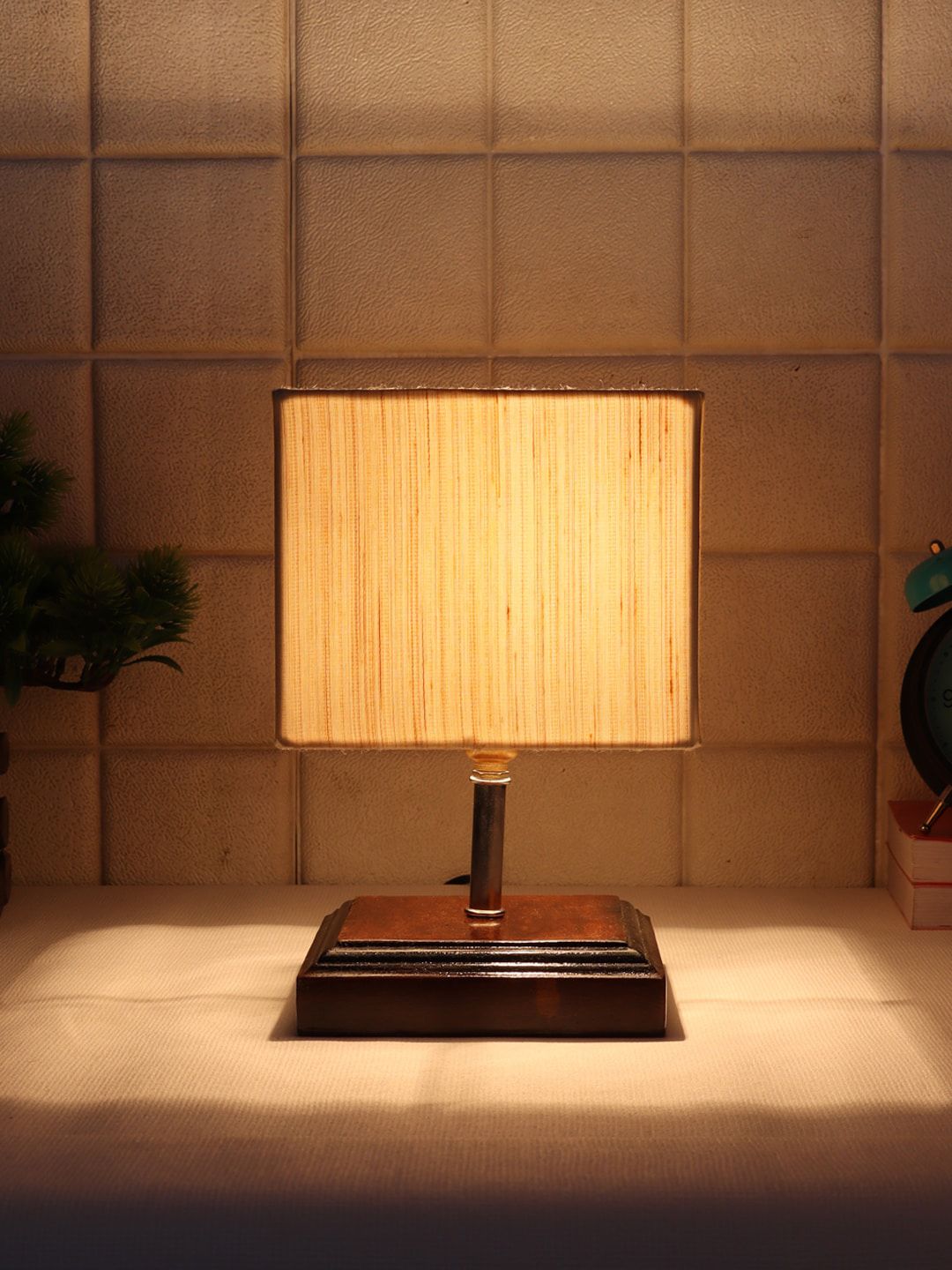 Devansh Off-White & Brown Wooden Table Lamp with Cotton Square Shade Price in India