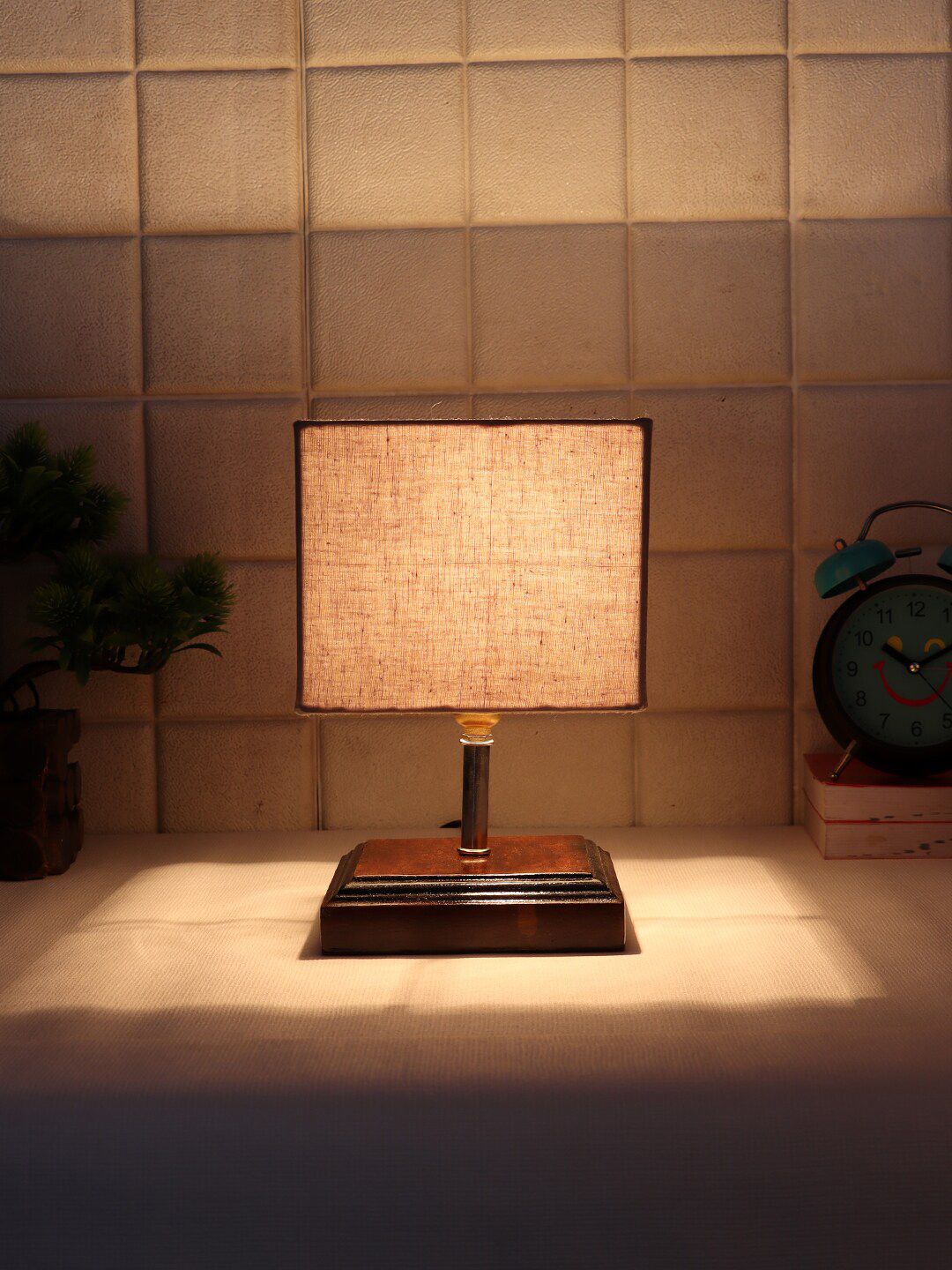 Devansh Grey & Brown Wooden Table Lamp with Cotton Square Shade Price in India