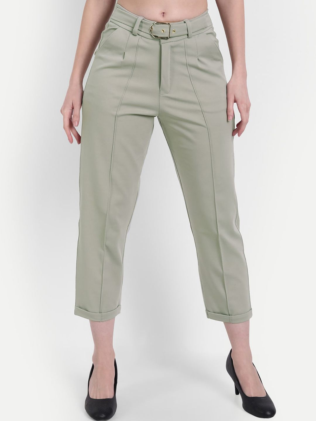 BROADSTAR Women Sea Green Straight Fit High-Rise Non Iron Trousers Price in India