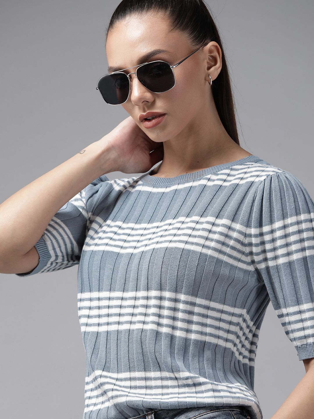 Roadster Blue & White Striped Top Price in India