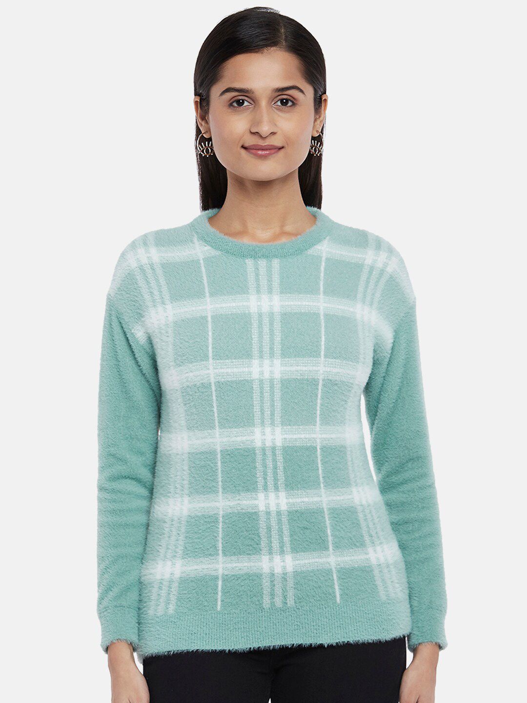 People Women Blue & White Checked Pullover With Fuzzy Detail Price in India