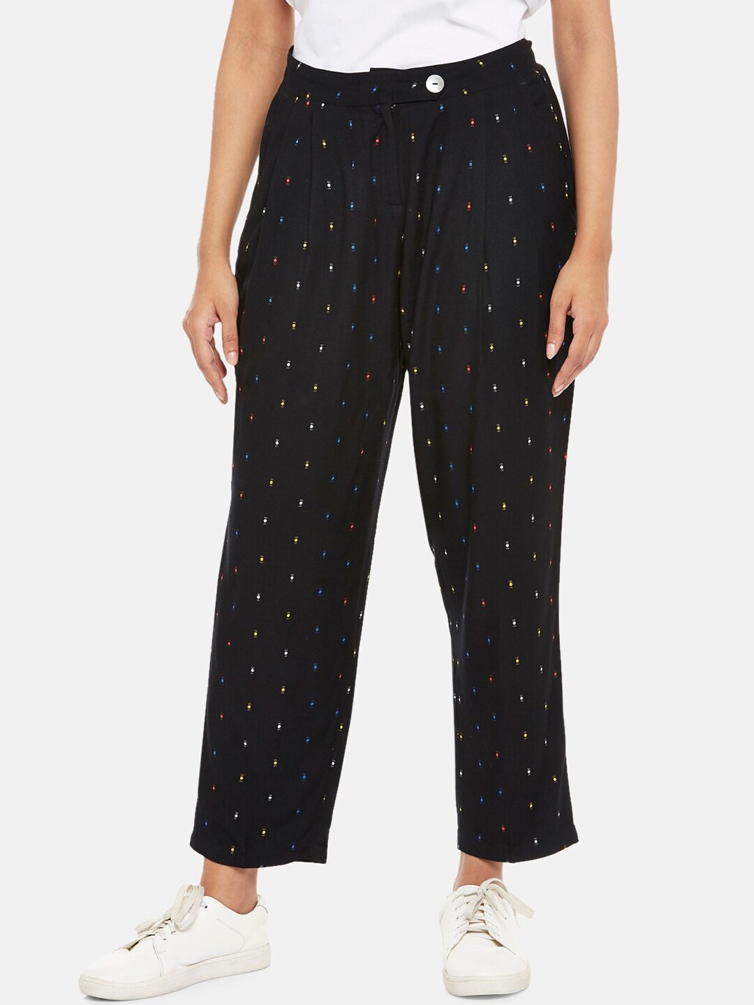 People Women Black Printed Straight Fit Trousers Price in India