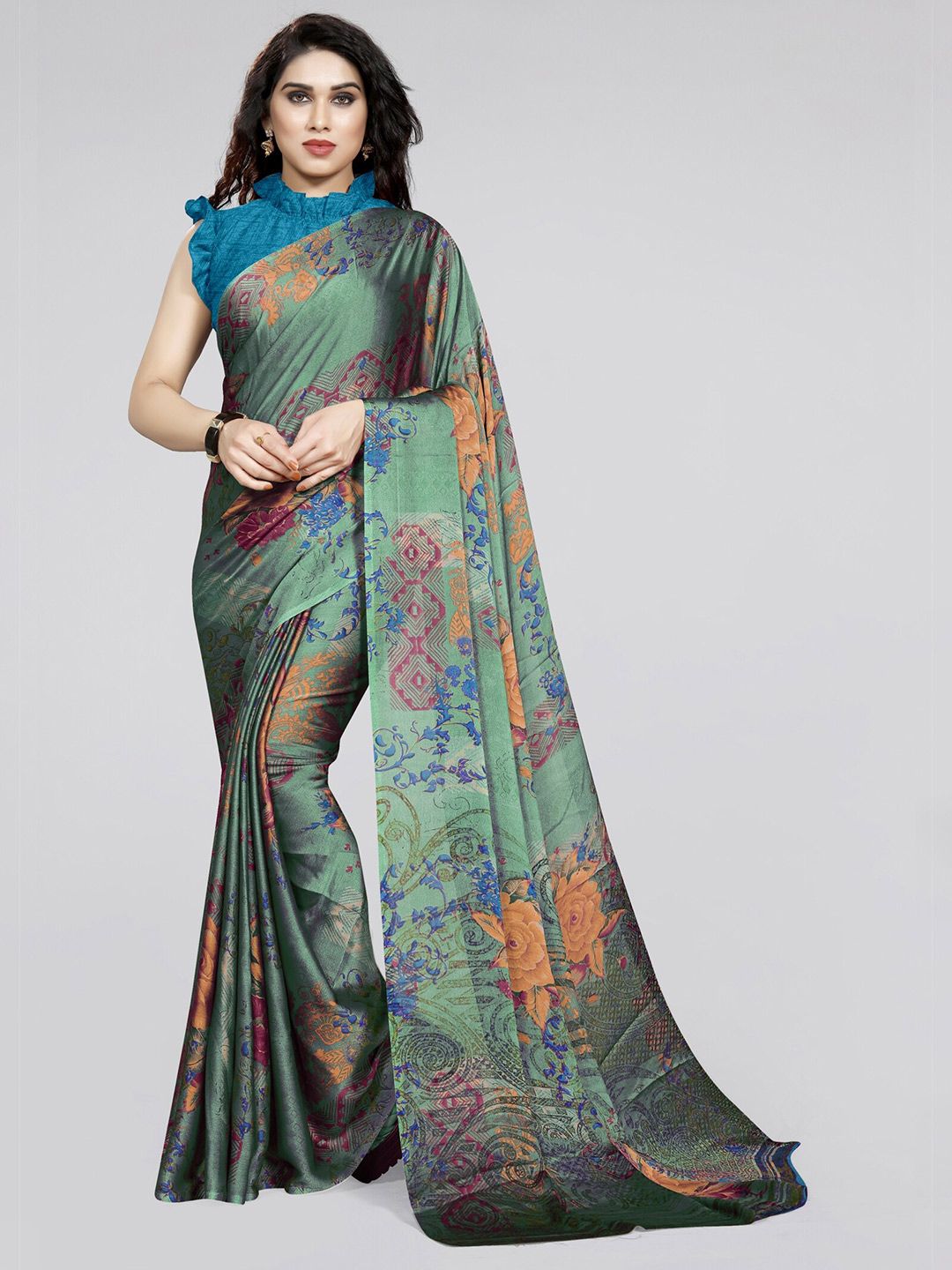 KALINI Teal & Blue Floral Bagh Chiffon Saree