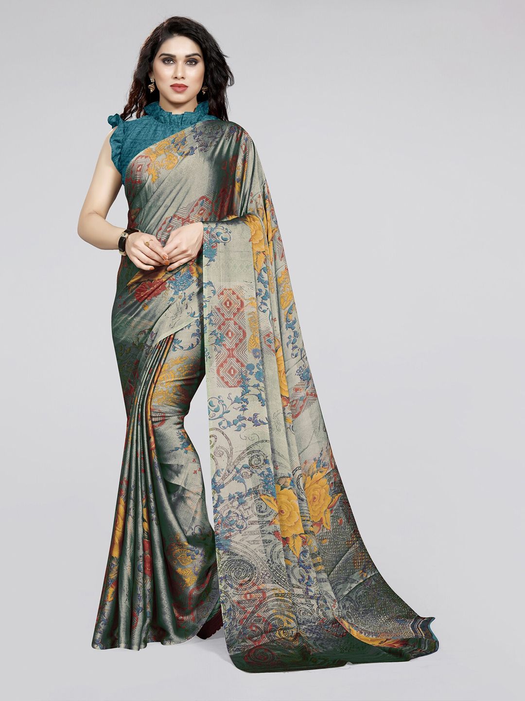 KALINI Beige & Yellow Floral Bagh Saree