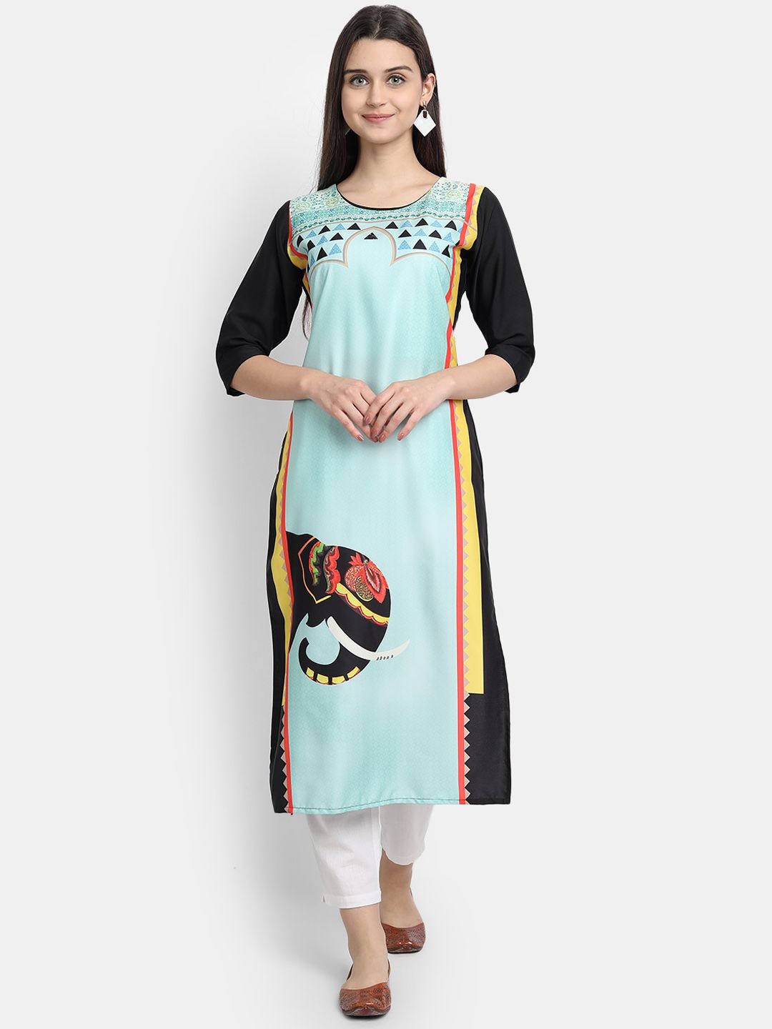 KALINI Women Turquoise Blue & Black Printed Crepe Kurta Price in India