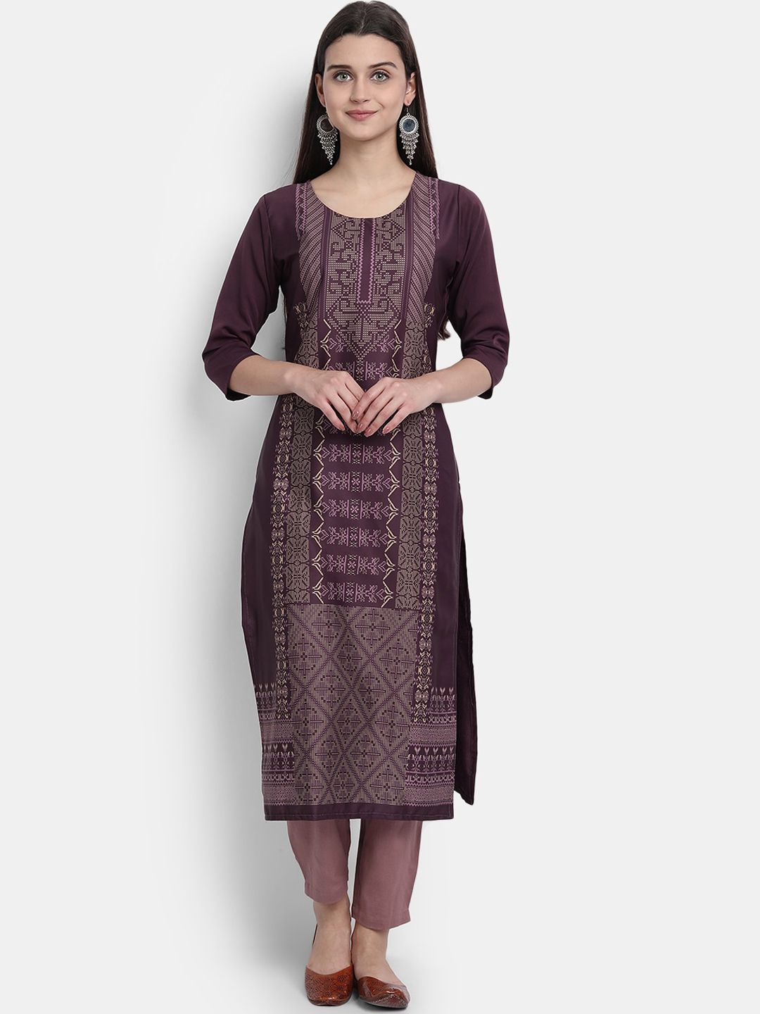 KALINI Women Purple Flared Sleeves Thread Work Crepe Kurta Price in India