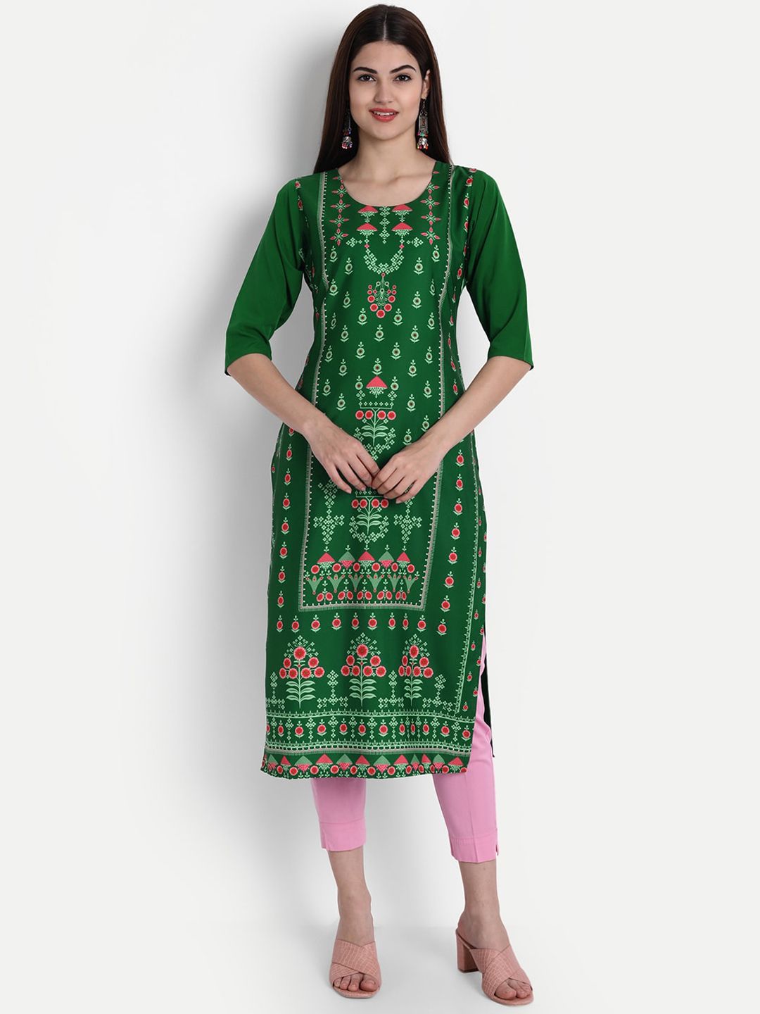 KALINI Women Green Ethnic Motifs Printed Crepe Kurta Price in India