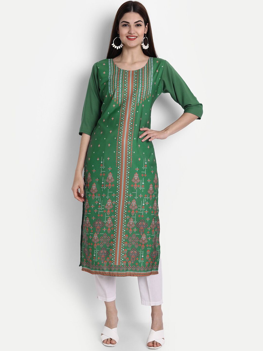 KALINI Women Green & Orange Ethnic Motifs Printed Crepe Kurta Price in India