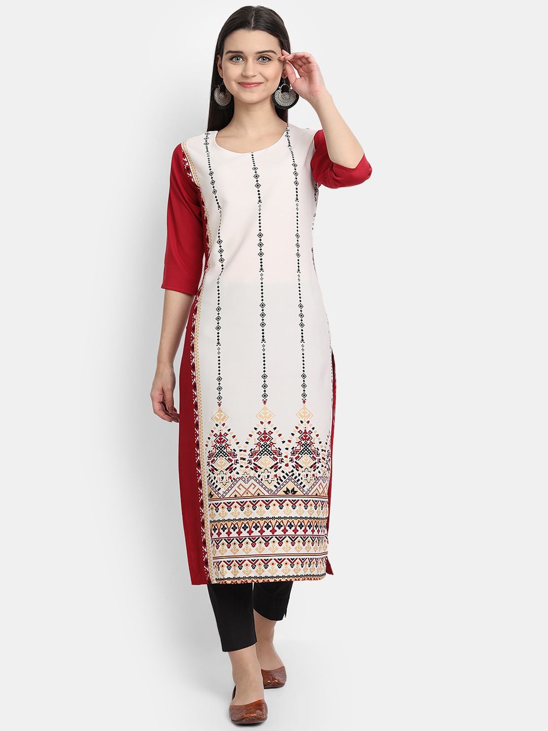 KALINI Women Off White Geometric Printed Crepe Kurta Price in India