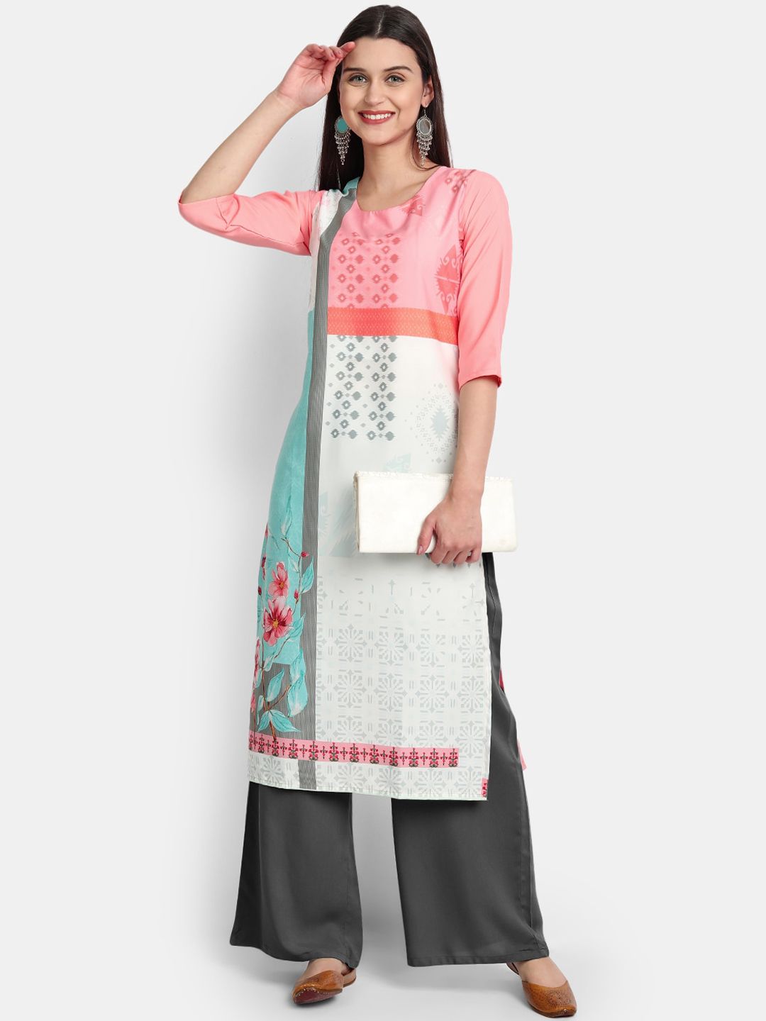 KALINI Women White & Pink Printed Crepe Kurta Price in India