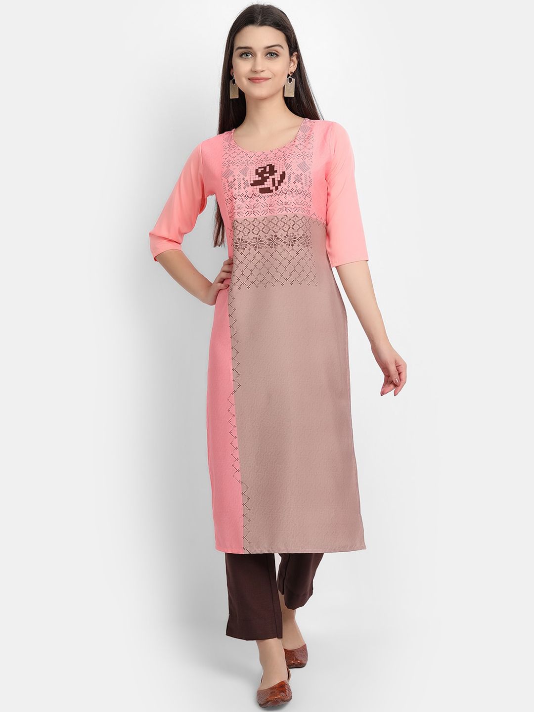 KALINI Women Pink & Brown Colourblocked Crepe Kurta Price in India