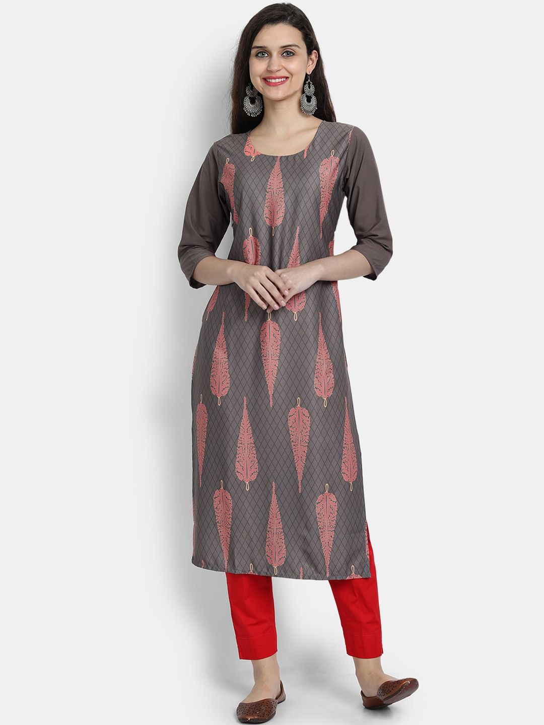 KALINI Women Grey & Pink Ethnic Motifs Printed Crepe Kurta Price in India