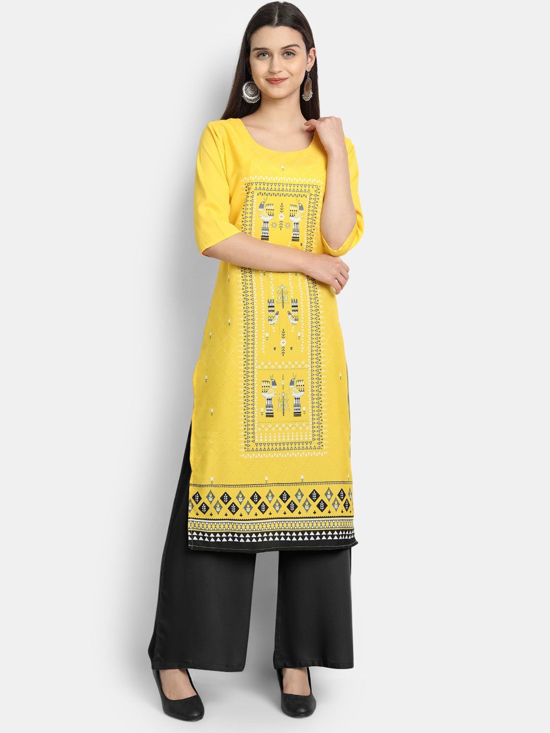 KALINI Women Yellow & Black Ethnic Motifs Printed Crepe Straight Kurta Price in India