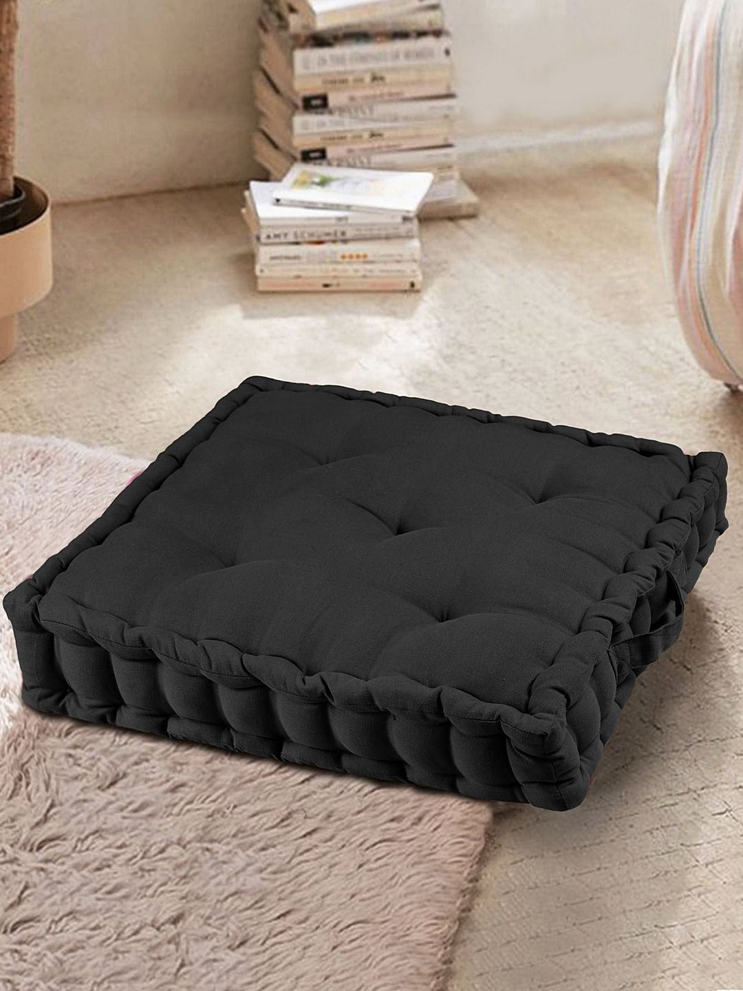 BLANC9 Black Solid Square Cotton Floor Cushions Price in India