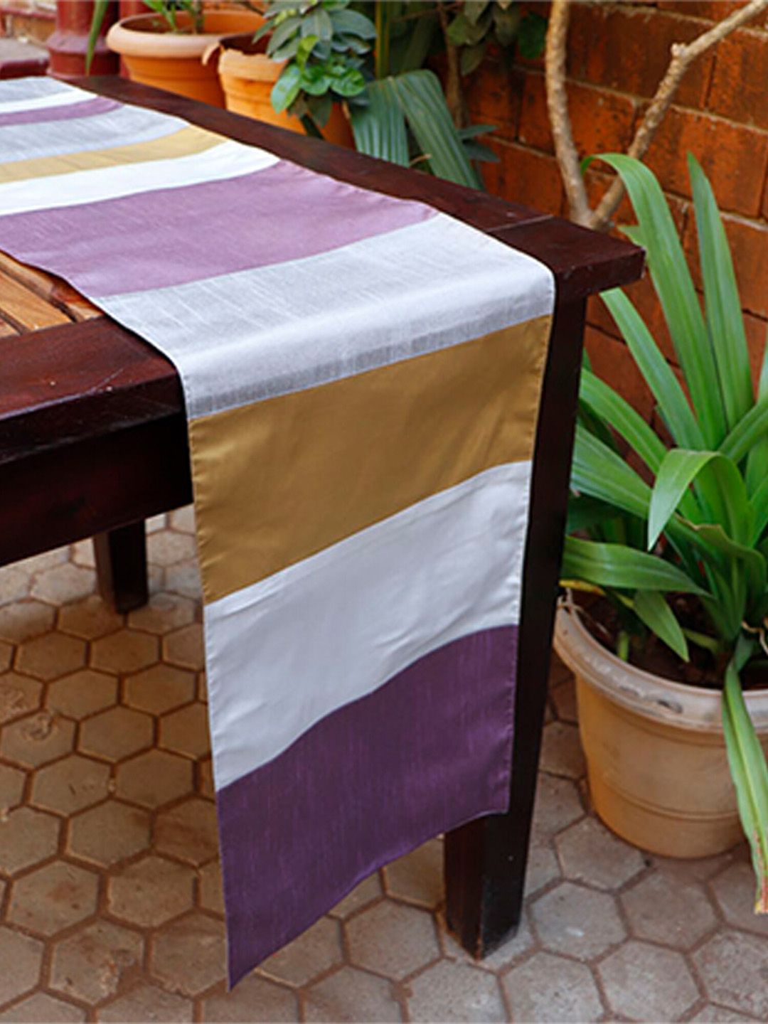ZEBA Silver-Toned & Mustard Yellow Striped 6-Seater Table Runner Price in India