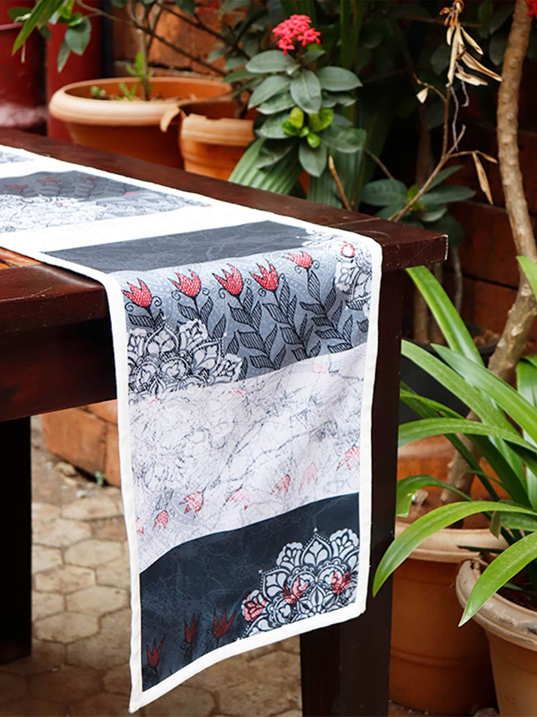 ZEBA Grey & White Ethnic Motifs Printed 6-Seater Table Runner Price in India