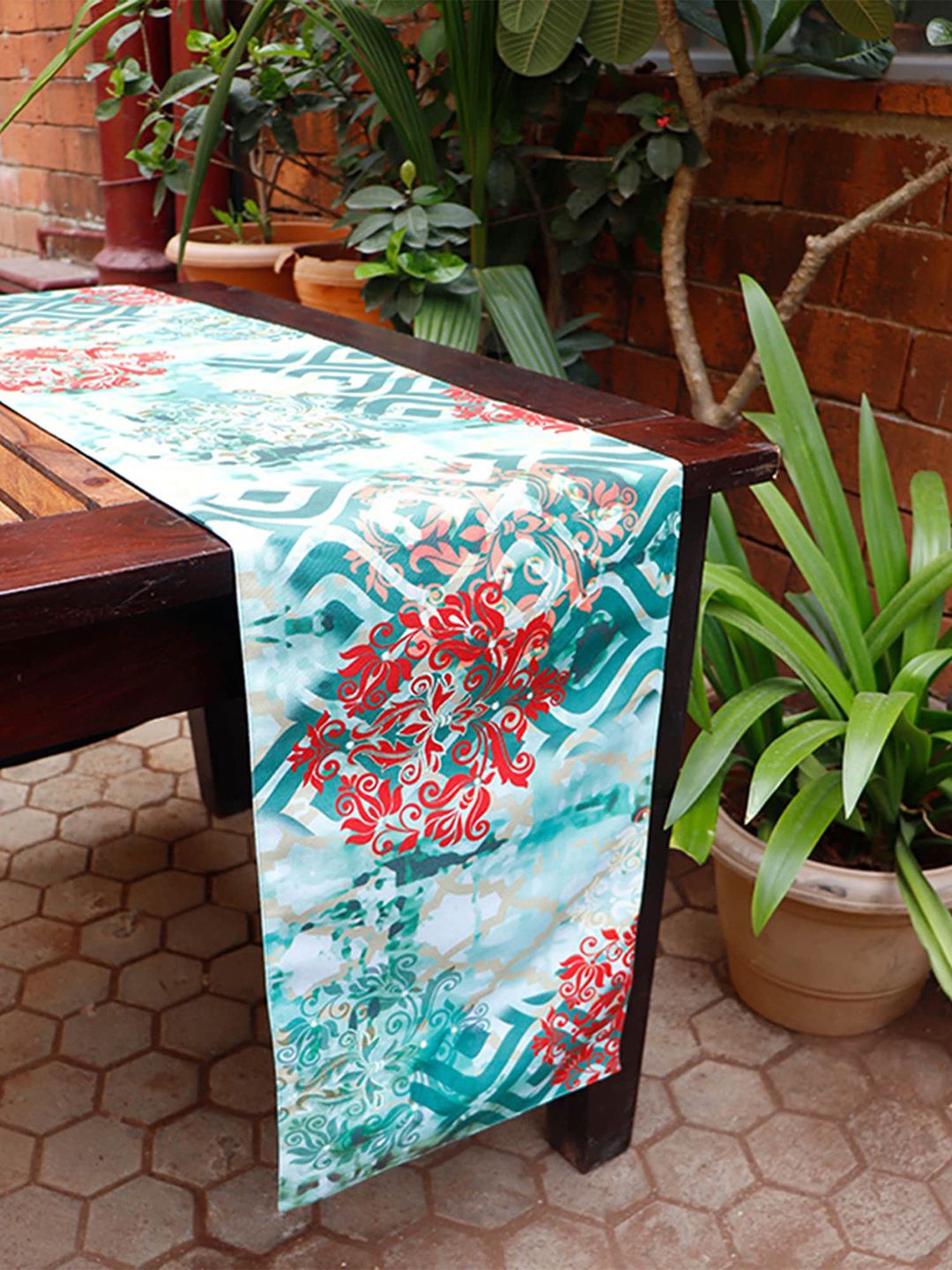 ZEBA Red & White Printed 6-Seater Table Runner Price in India