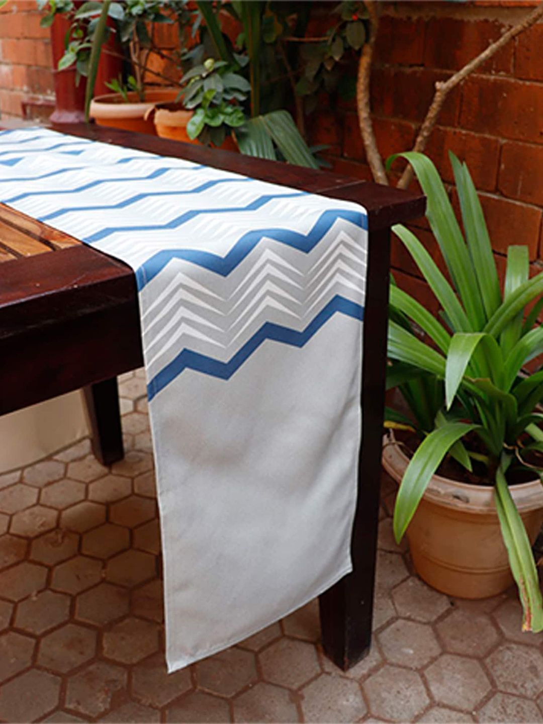 ZEBA White & Blue Chevron Printed 6-Seater Table Runner Price in India