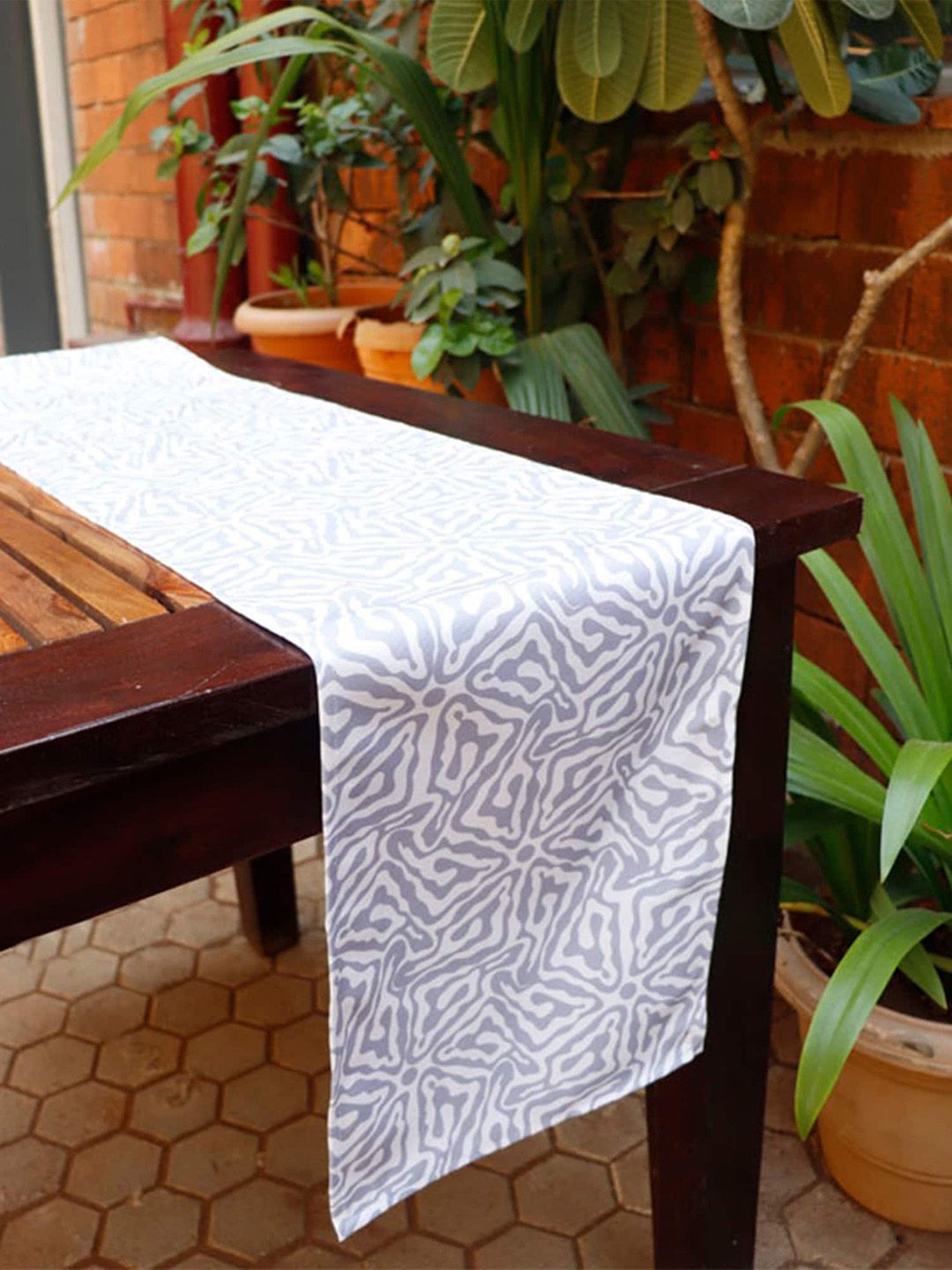 ZEBA Off White & Blue Printed 6-Seater Table Runner Price in India