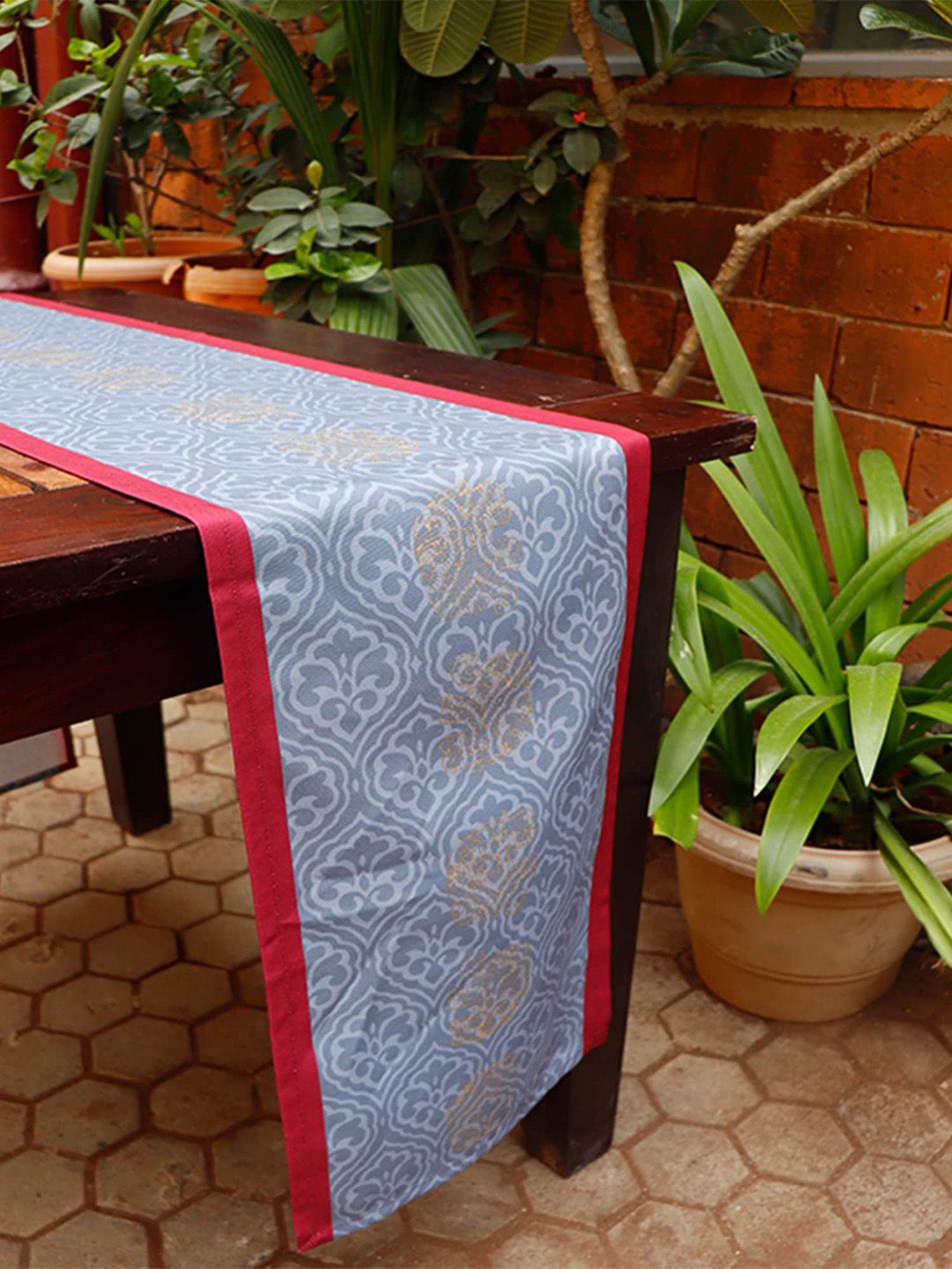 ZEBA Grey & Red Printed 6 Seater Table Runner Price in India