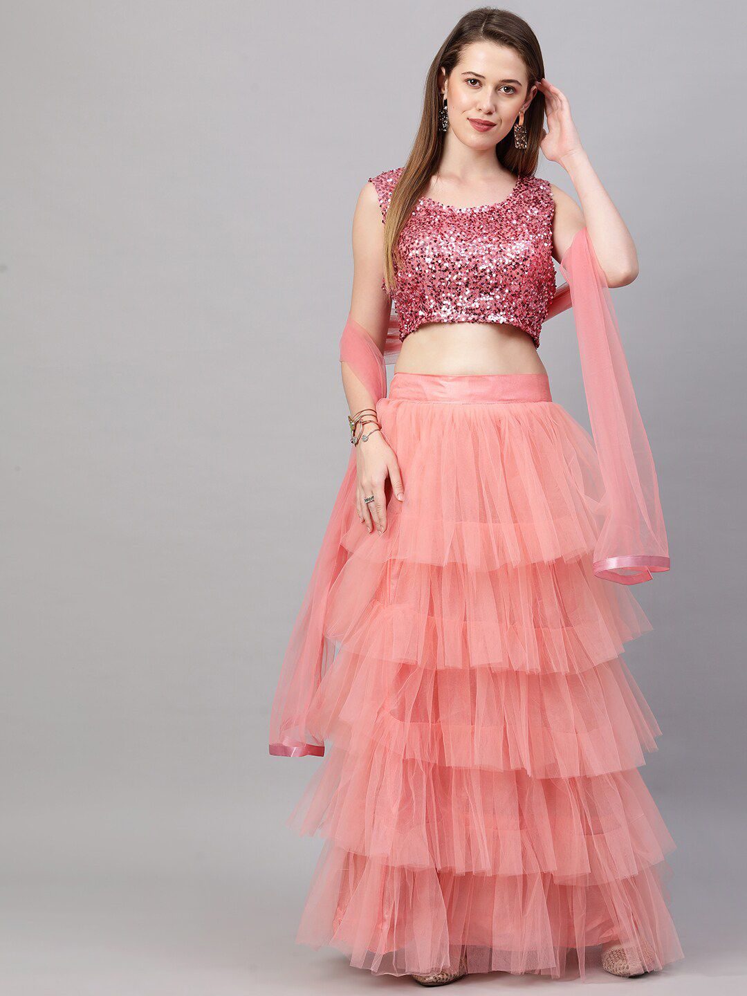 RedRound Pink Embellished Sequinned Semi-Stitched Lehenga & Blouse With Dupatta Price in India