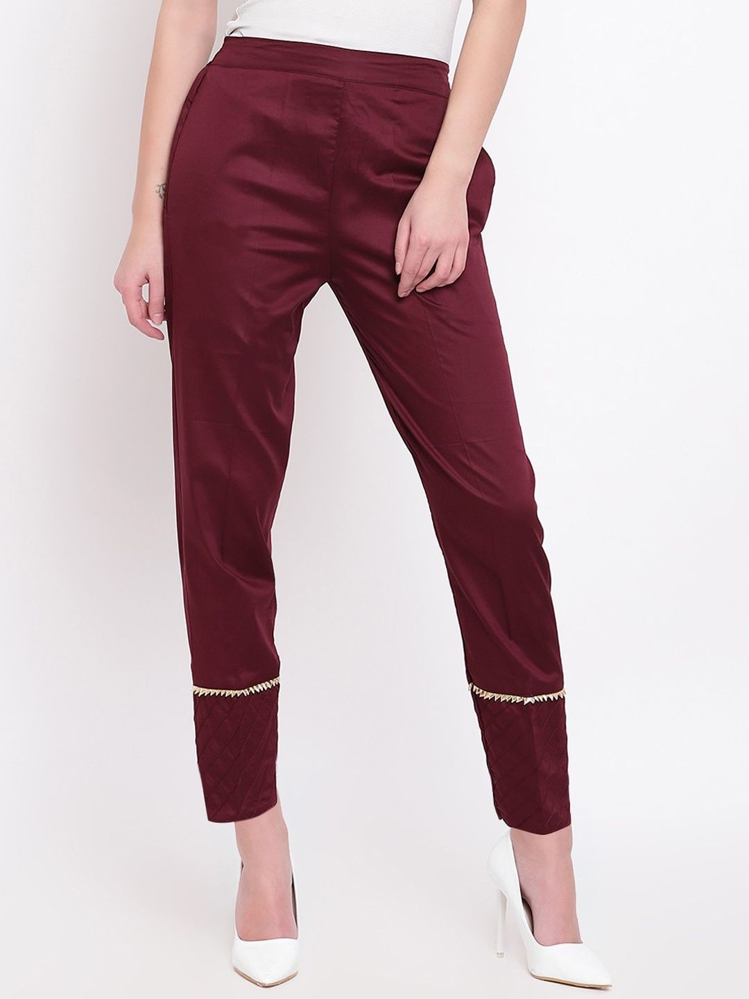 RIVI Women Maroon Cigarette Trousers Price in India